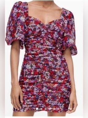 Zara Floral Ruched Bodycon Mini Dress - Red Floral